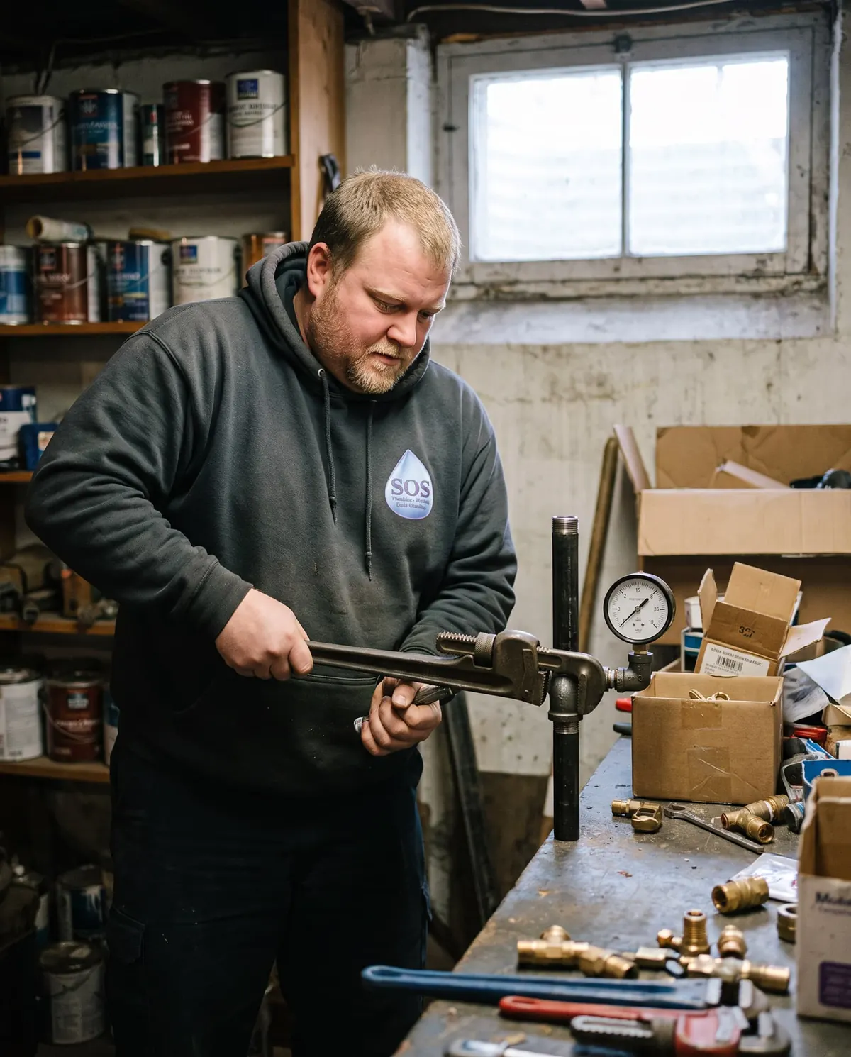 SOS licensed plumber pressure-testing a black-iron gas line in a Rhode Island basement